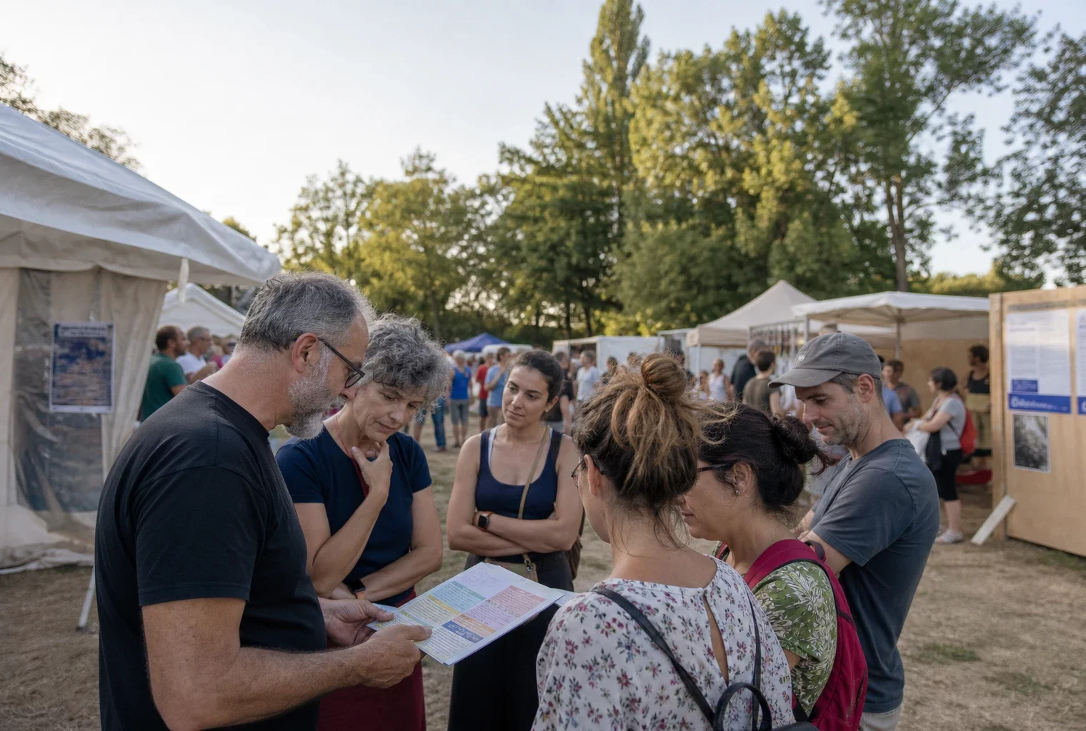 Sympathisants anonymes débattant dans une fête politique française sous une lumière claire de fin d’été