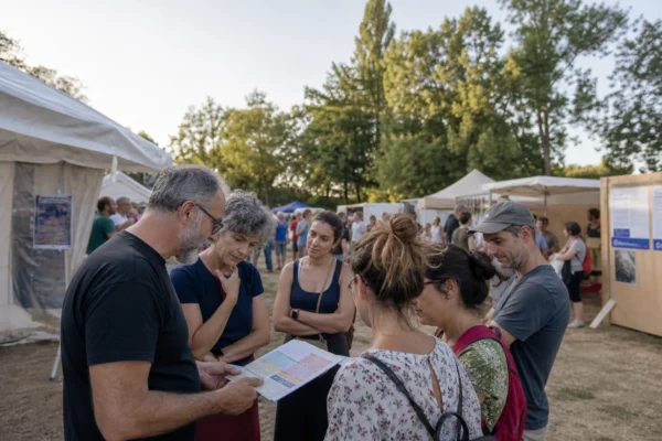 Sympathisants anonymes débattant dans une fête politique française sous une lumière claire de fin d’été
