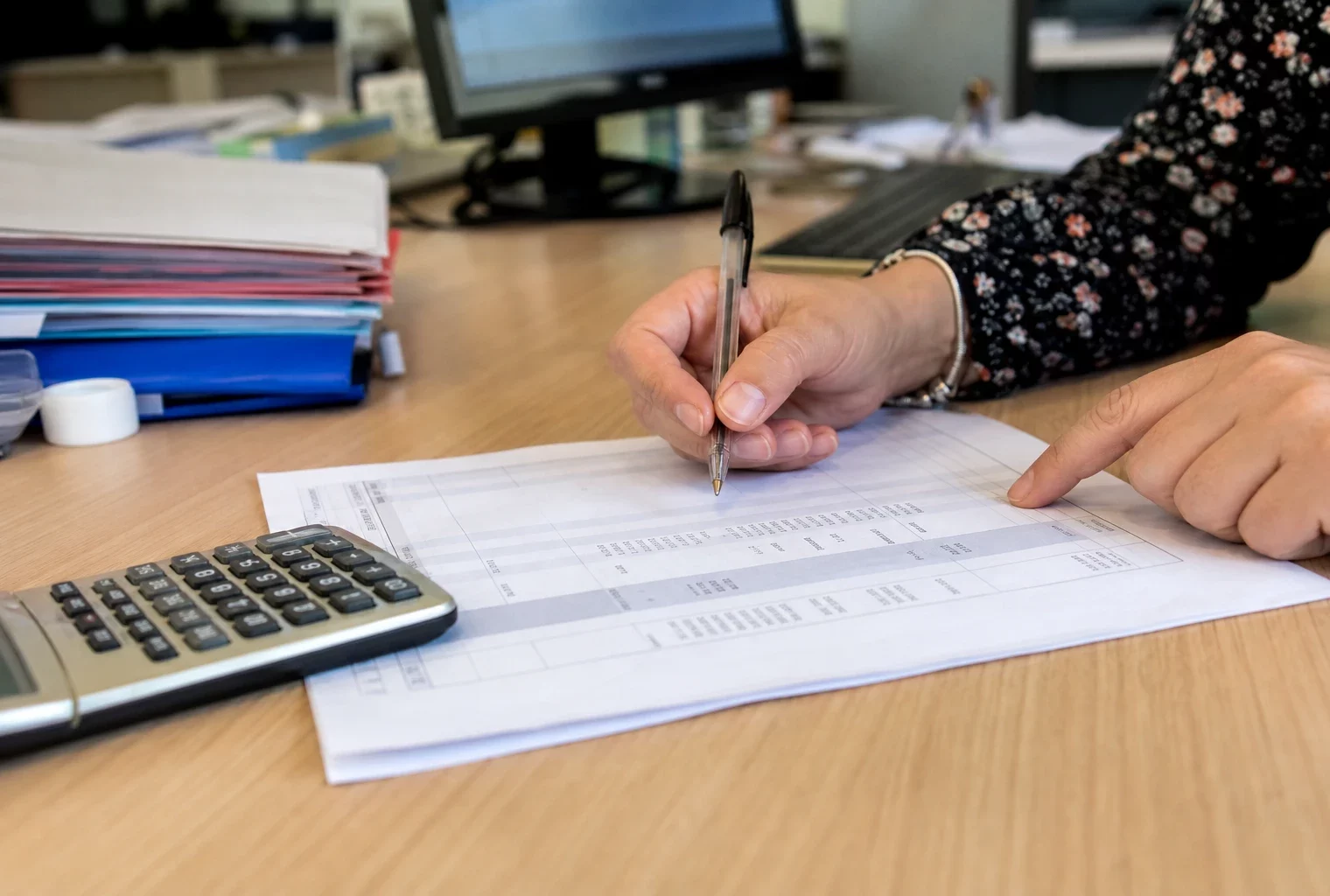 Un bulletin de salaire avec calculatrice sur un bureau de paie, pour illustrer les heures supplémentaires.