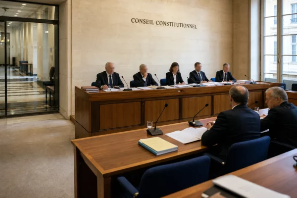 Salle institutionnelle française lumineuse avec dossiers juridiques et microphones, évoquant le débat sur le droit du sol