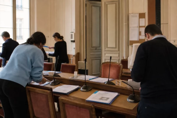 Salle municipale française où une équipe prépare une précampagne autour d’une chaise vide et de micros