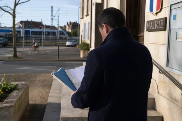 Collaborateur municipal consultant un dossier près d’une mairie, avec une voie ferrée en arrière-plan