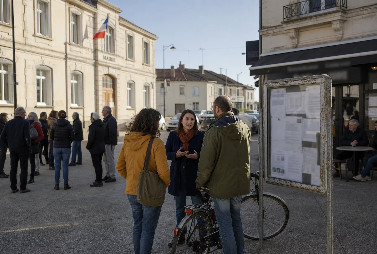 Habitants et parents discutant près d’un équipement municipal dans une rue d’une ville moyenne française