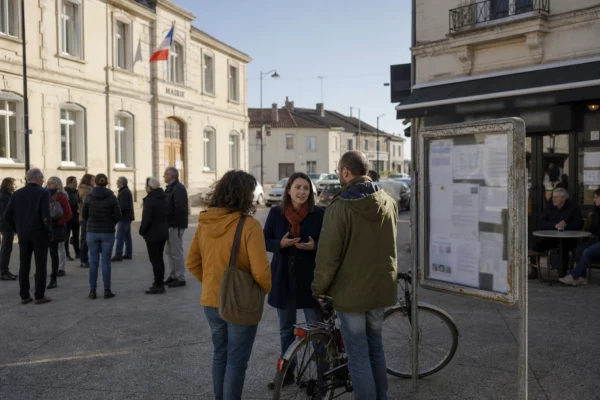 Habitants et parents discutant près d’un équipement municipal dans une rue d’une ville moyenne française