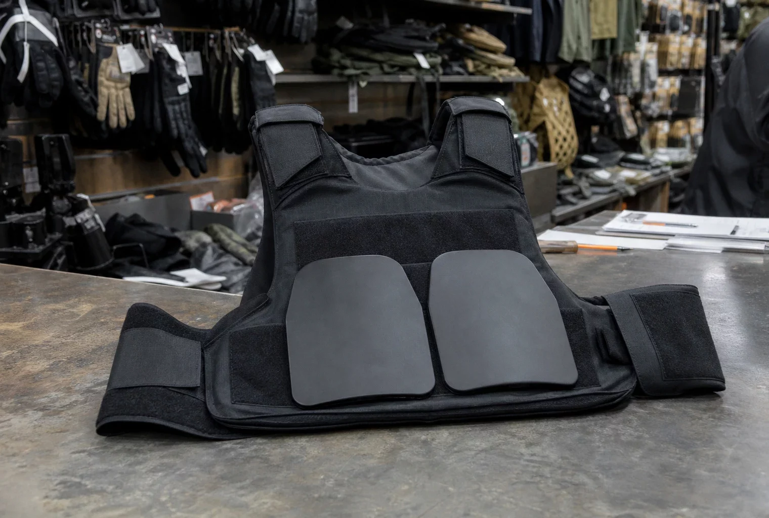 Un gilet pare-balles posé dans un magasin d’équipements de sécurité, avec les sangles et protections visibles.