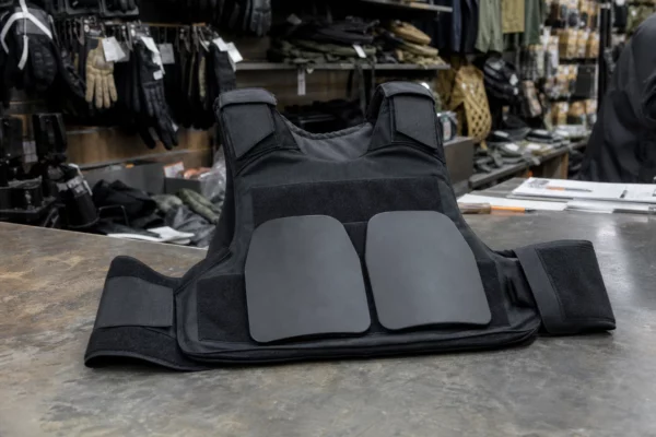 Un gilet pare-balles posé dans un magasin d’équipements de sécurité, avec les sangles et protections visibles.