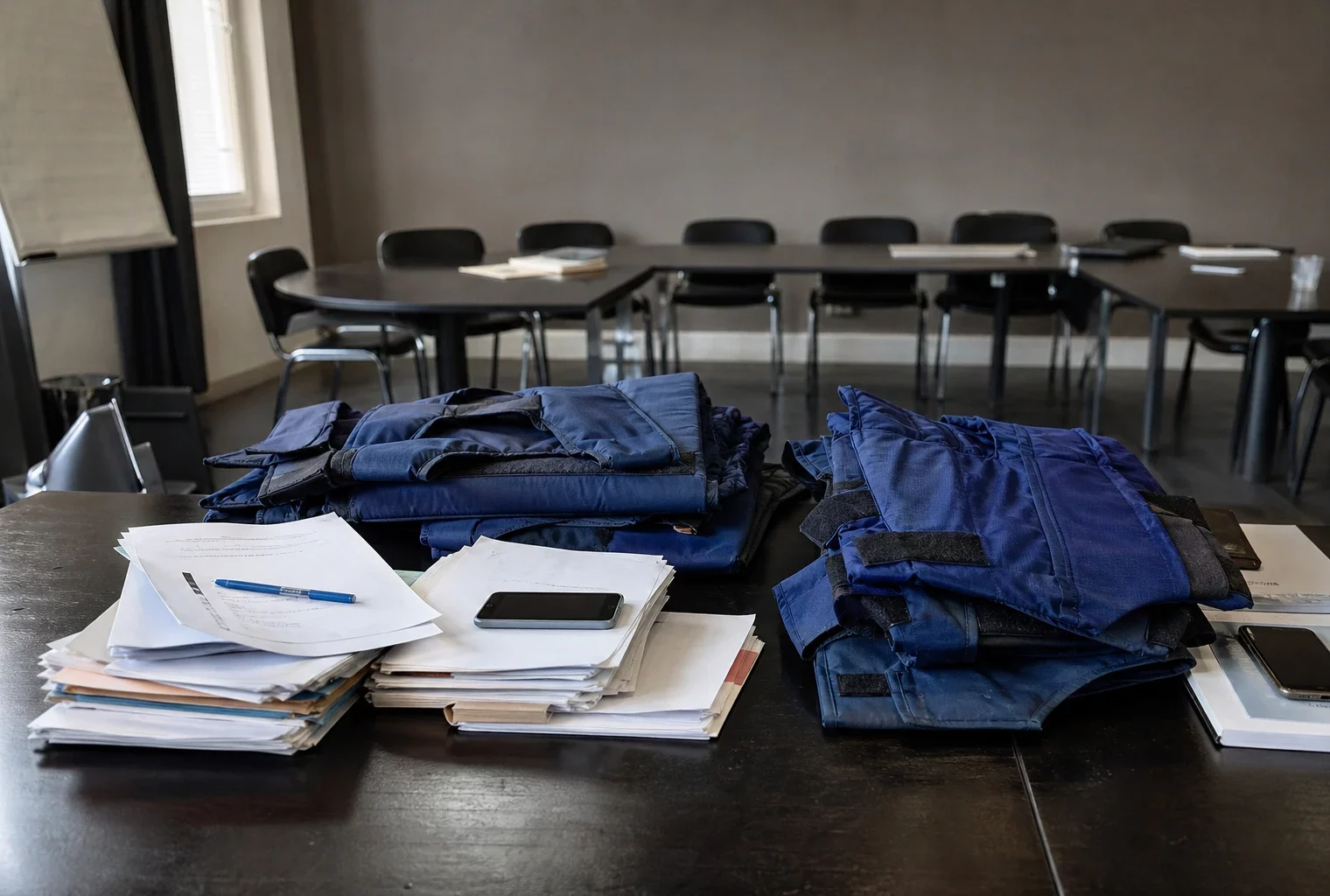 Des gilets de protection posés sur une table de réunion, avec des dossiers et des téléphones autour.