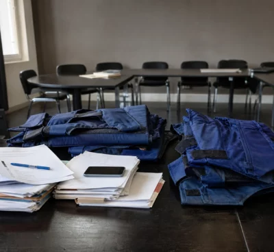 Des gilets de protection posés sur une table de réunion, avec des dossiers et des téléphones autour.