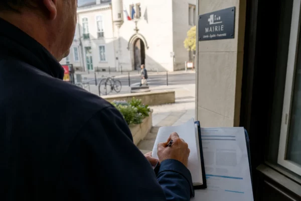 Élu local anonyme prenant des notes devant une mairie française sur fond de rue calme