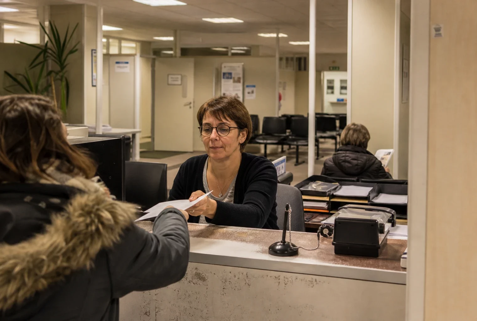 Guichet d’administration fiscale avec formulaires et ordinateur, où des usagers déposent une demande d’aide.