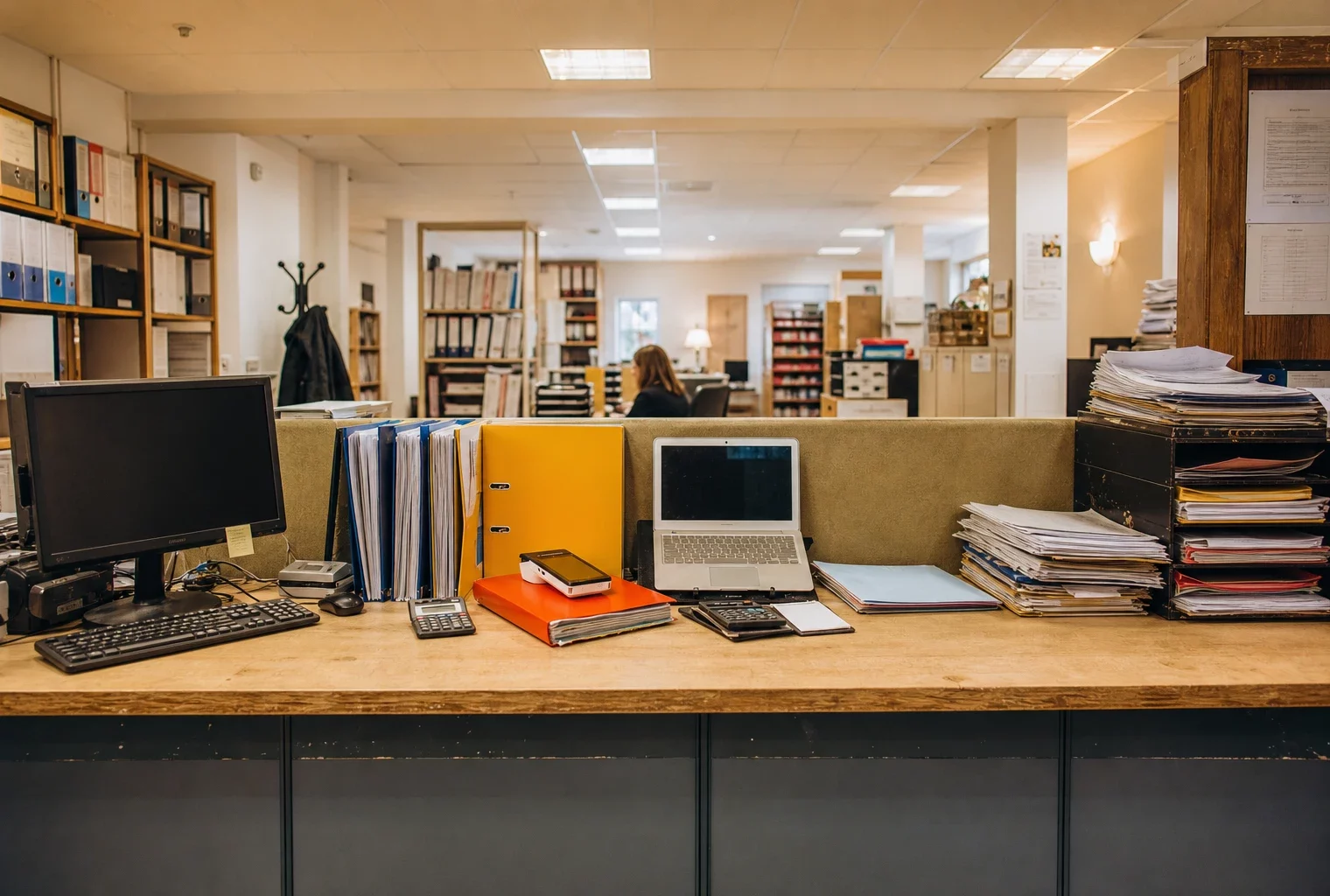 Guichet administratif français vu en largeur, comptoir de service, dossiers, ordinateur et classeurs sous lumière chaude.