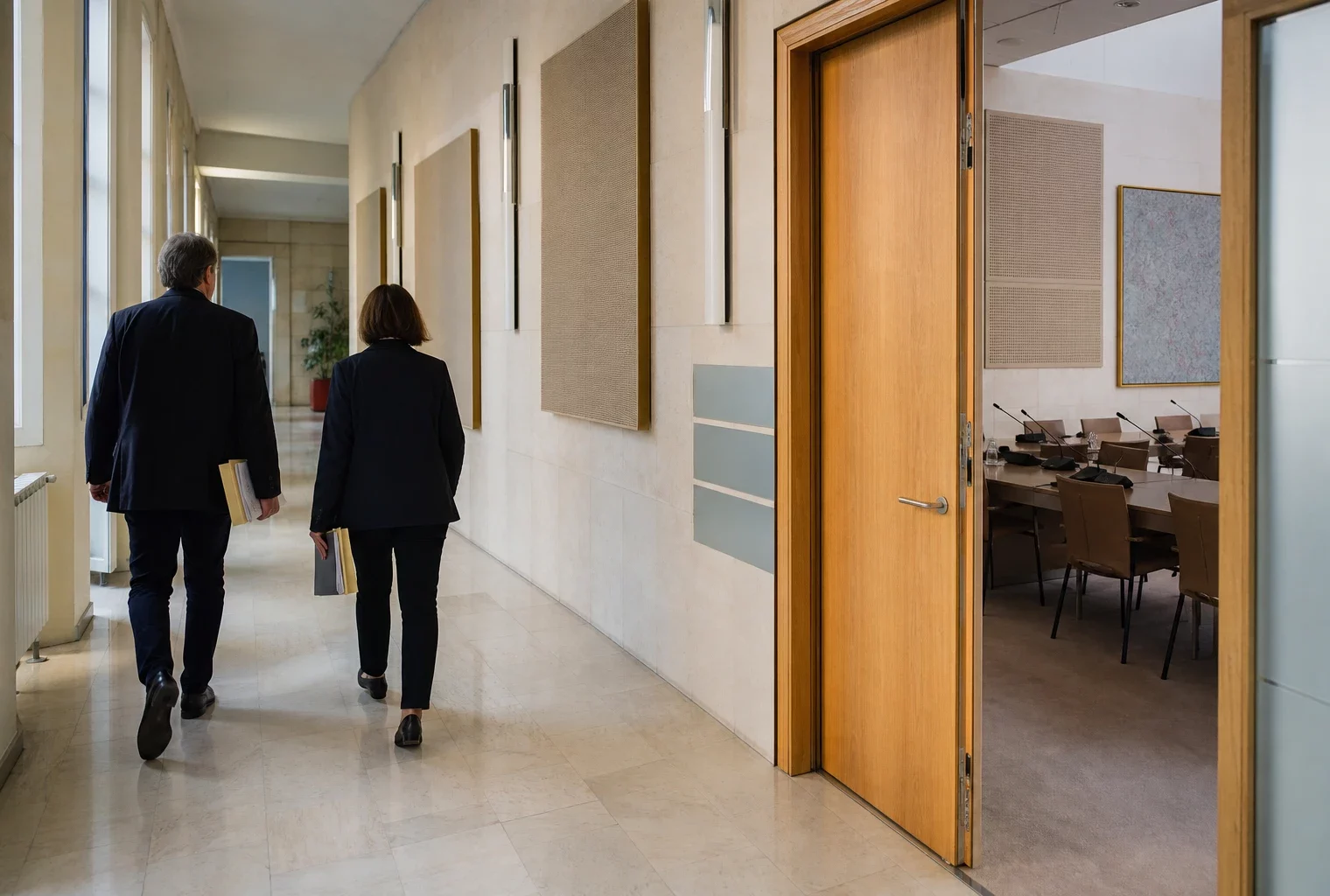 Hall lumineux d’une institution publique française, avec une salle d’audition et des agents anonymes en arrière-plan
