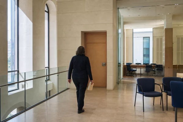 Hall lumineux d’une institution publique française, avec un agent et un dossier évoquant la régulation économique