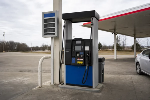 Pompe à essence avec afficheur de prix dans une station-service, symbole de la hausse des carburants.