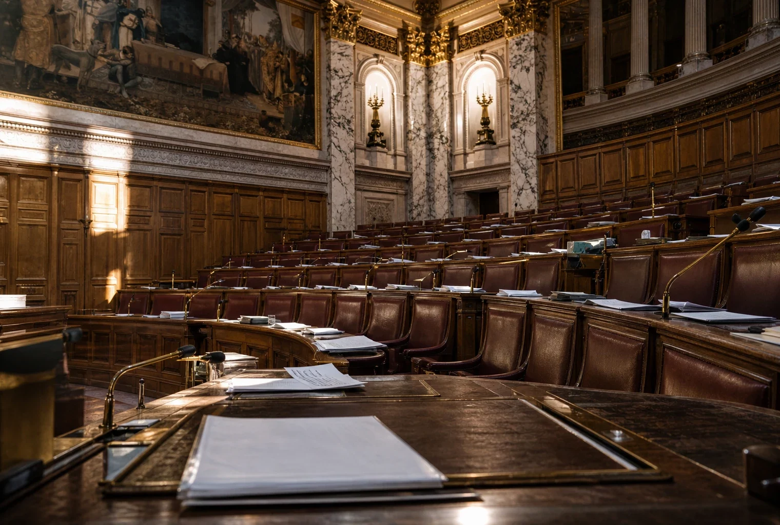 Hémicycle de l’Assemblée nationale vide, pupitres et micros au premier plan, gradins boisés en arrière-plan.