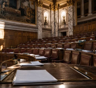 Hémicycle de l’Assemblée nationale vide, pupitres et micros au premier plan, gradins boisés en arrière-plan.
