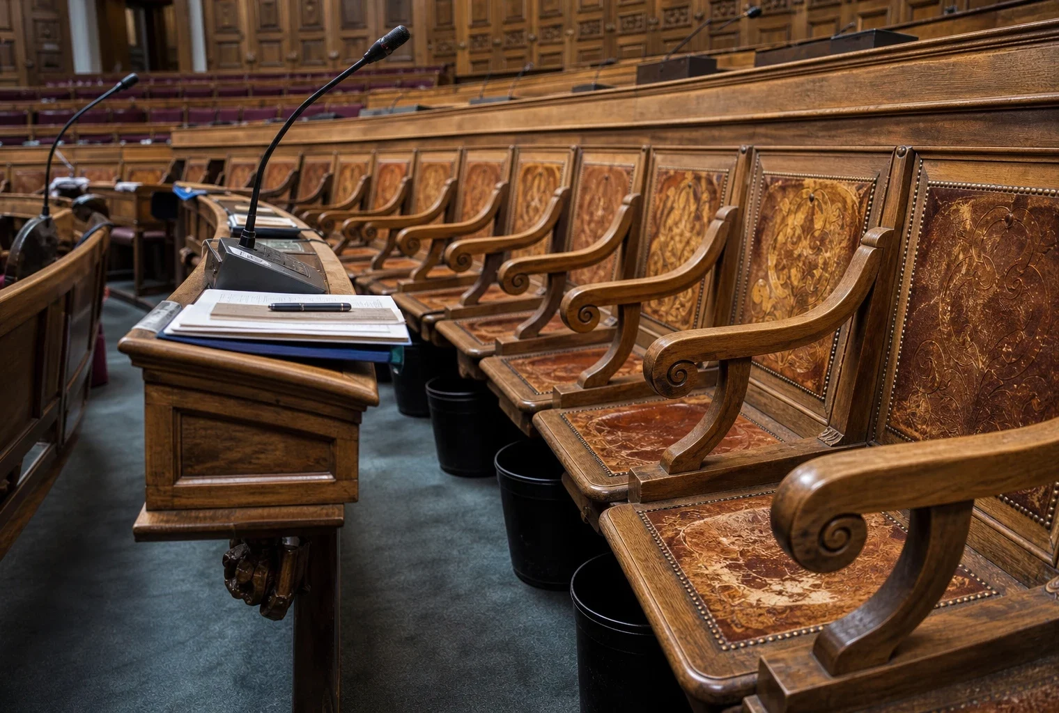 Hémicycle du Sénat vide, avec bancs de bois sculpté, pupitres et micros, sous une lumière naturelle douce.