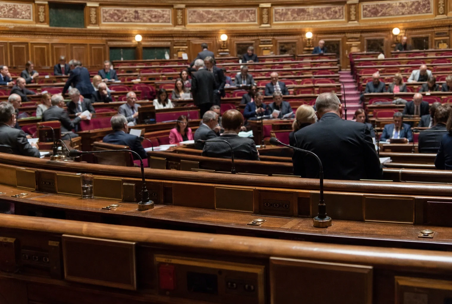 L’hémicycle du Sénat avec ses rangées de sièges et ses pupitres, dans une salle institutionnelle parisienne.