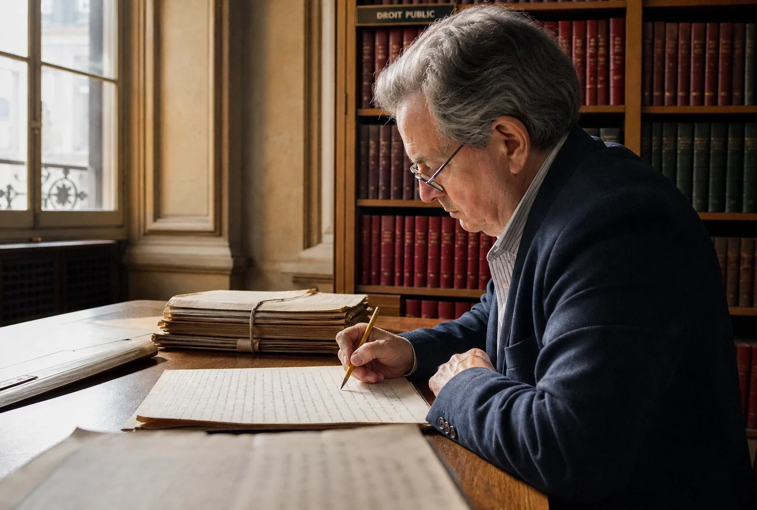 Historienne anonyme consultant des archives politiques dans une bibliothèque publique parisienne, lumière naturelle et ambiance documentaire
