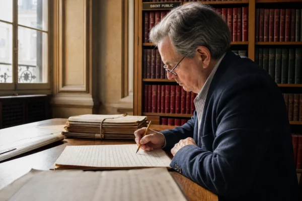 Historienne anonyme consultant des archives politiques dans une bibliothèque publique parisienne, lumière naturelle et ambiance documentaire