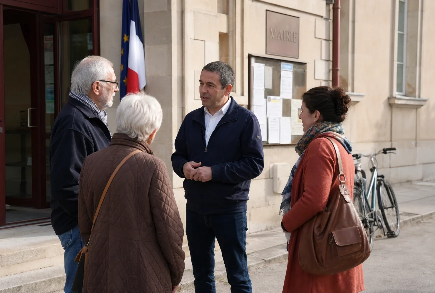 Citoyens anonymes échangeant avec un élu devant une mairie française, dans une scène locale et lumineuse