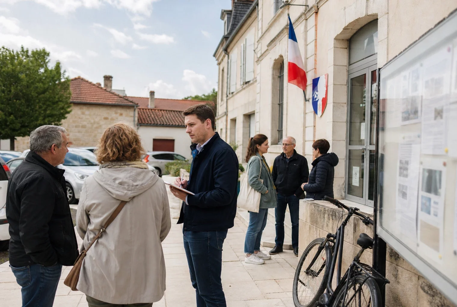 Citoyens anonymes échangeant devant une mairie française lors d’une scène de vie civique locale
