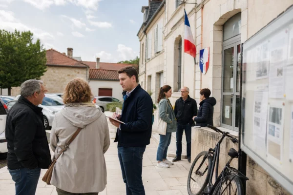 Citoyens anonymes échangeant devant une mairie française lors d’une scène de vie civique locale