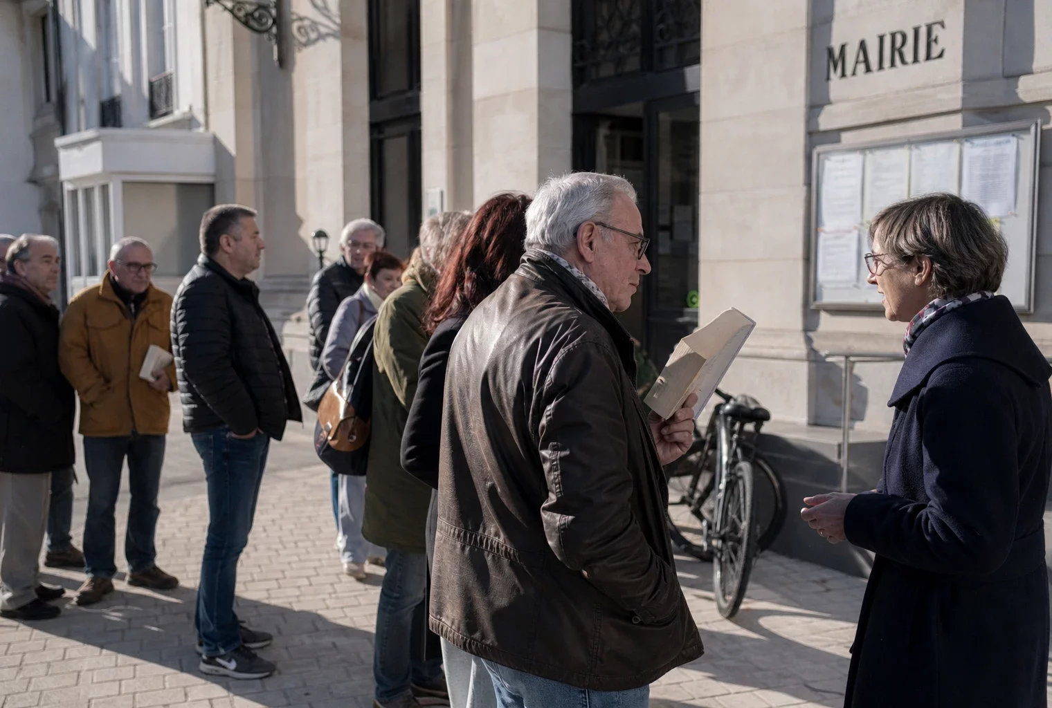 Citoyens anonymes devant une mairie française lors d’une séance de dédicaces politique