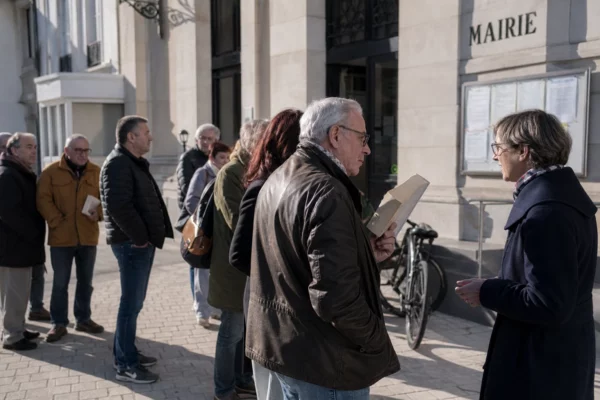 Citoyens anonymes devant une mairie française lors d’une séance de dédicaces politique