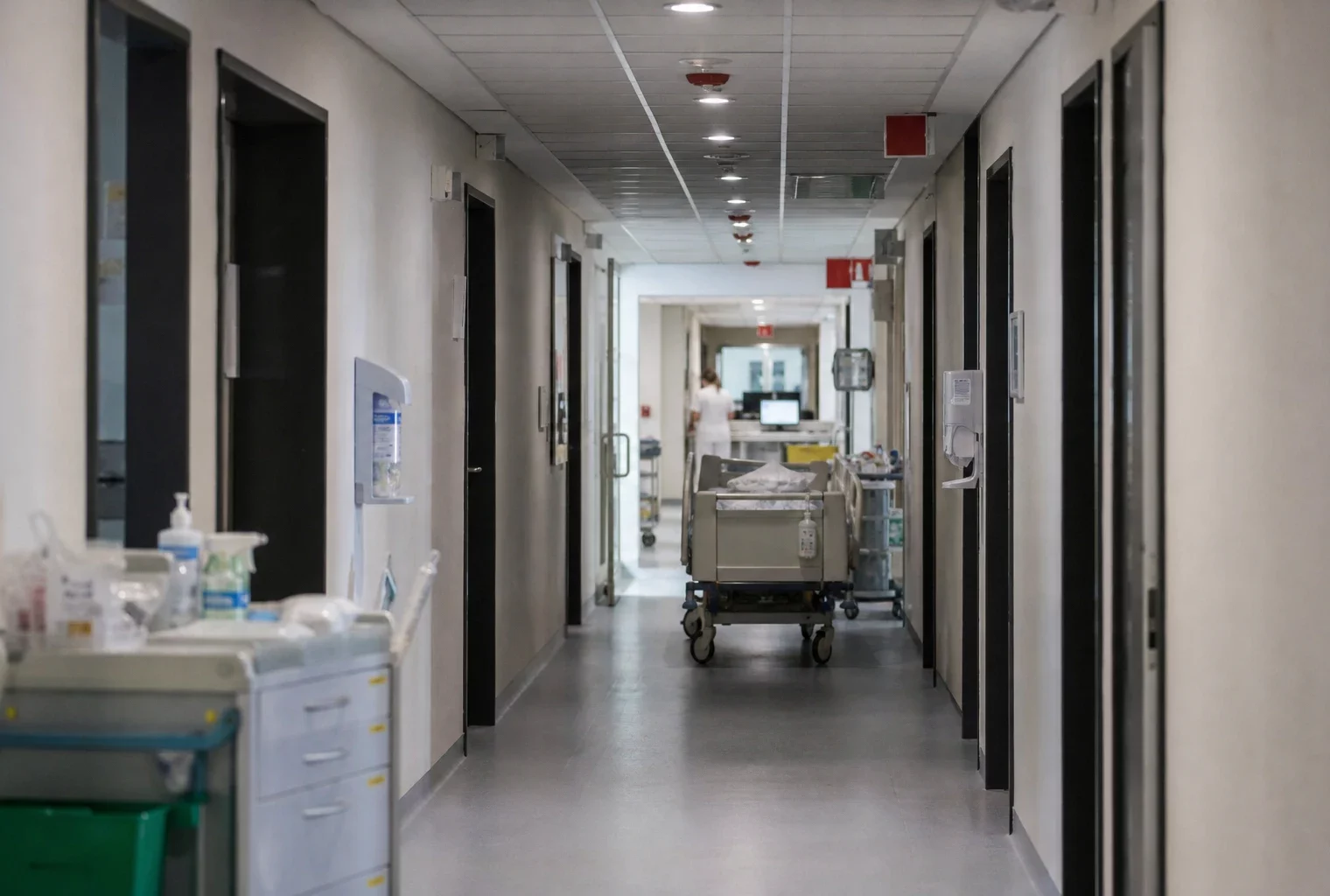 Couloir d’hôpital public avec chariot de soins, portes ouvertes sur des chambres et postes infirmiers en profondeur.