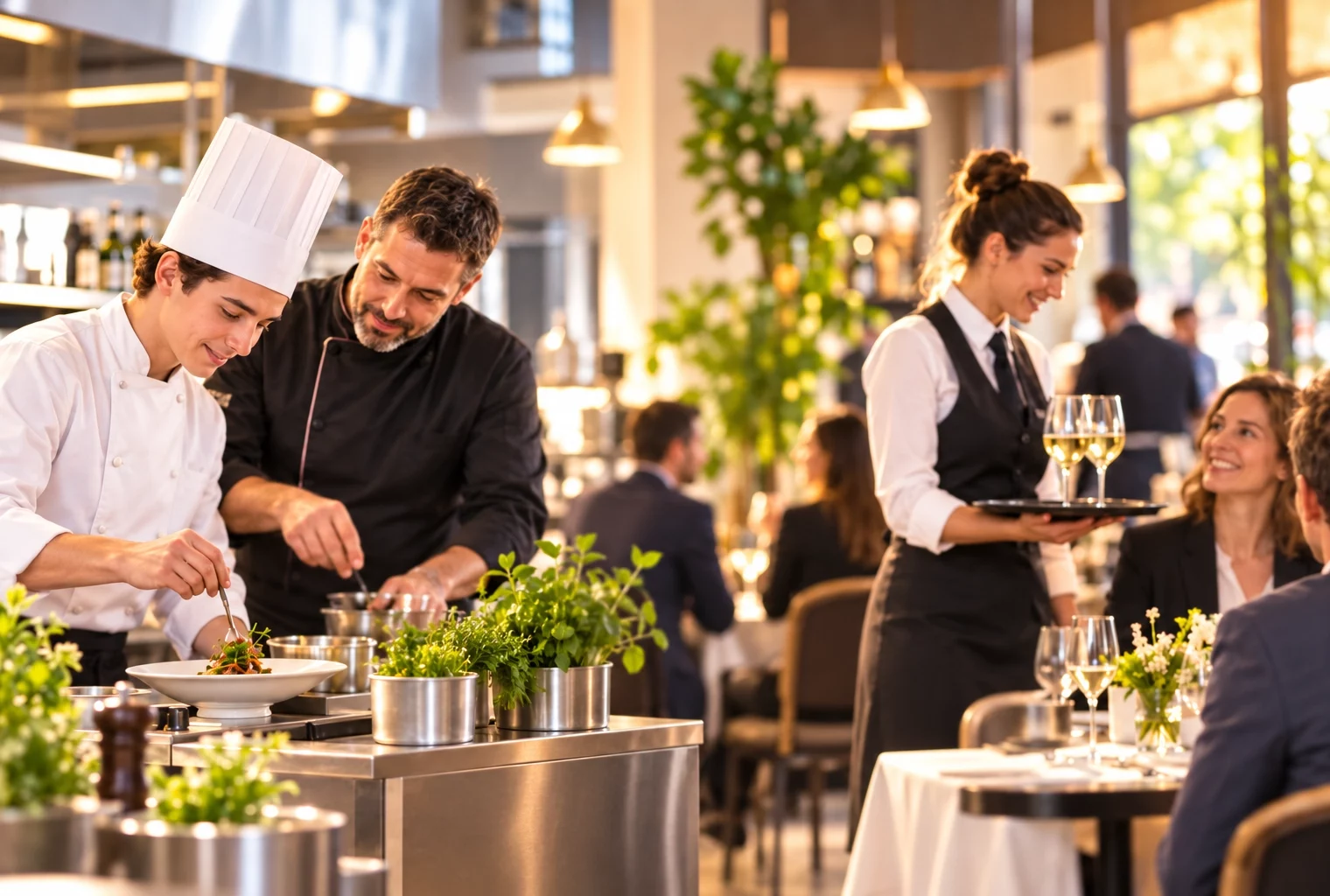 Jeune cuisinier accompagné par un chef et serveuse en salle, illustrant la formation, l’apprentissage et les perspectives d’évolution dans l’hôtellerie-restauration.