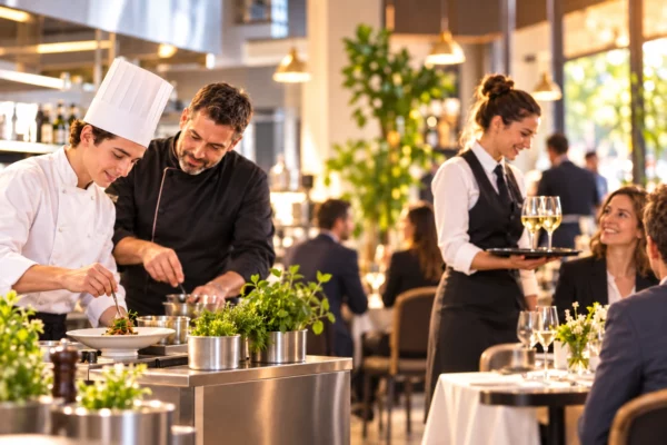Jeune cuisinier accompagné par un chef et serveuse en salle, illustrant la formation, l’apprentissage et les perspectives d’évolution dans l’hôtellerie-restauration.