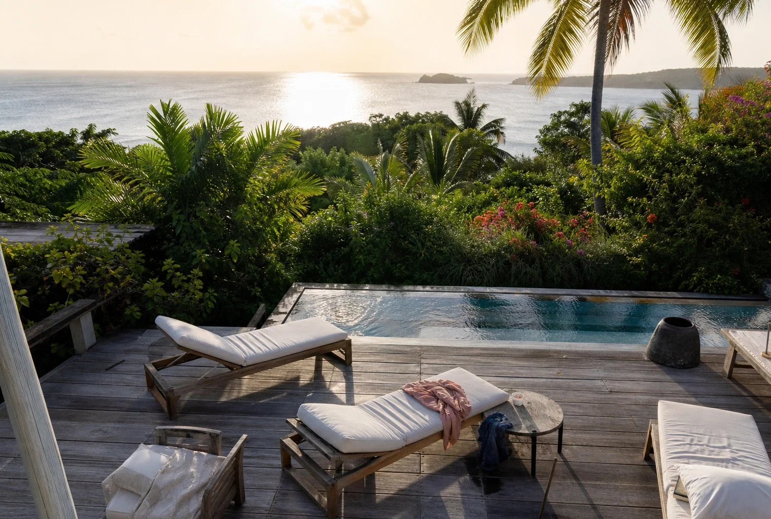 Villa de vacances isolée sur une île tropicale, avec terrasse en bois, transats et végétation dense.