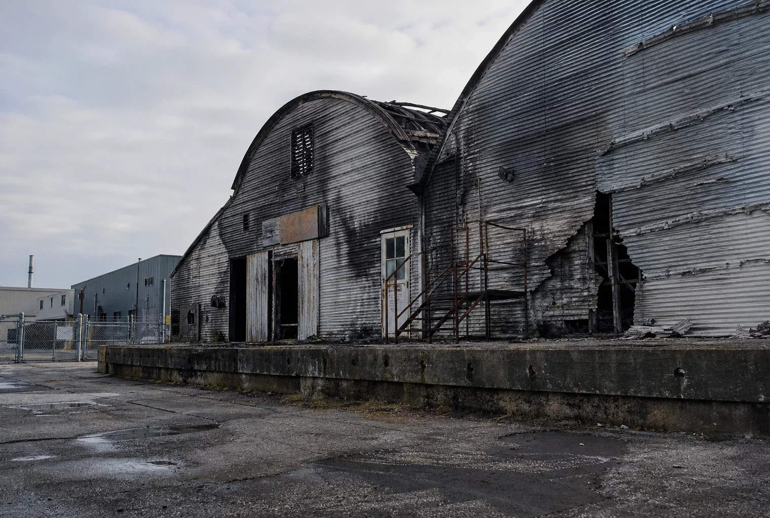 Hangar industriel endommagé par un incendie à Tallinn, façades noircies, portails métalliques et site industriel en arrière-plan.