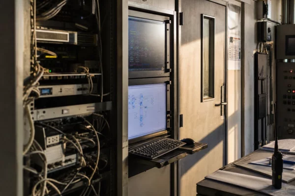Salle technique d’une infrastructure critique avec écrans de contrôle, armoires et câbles, dans un cadre sobre.
