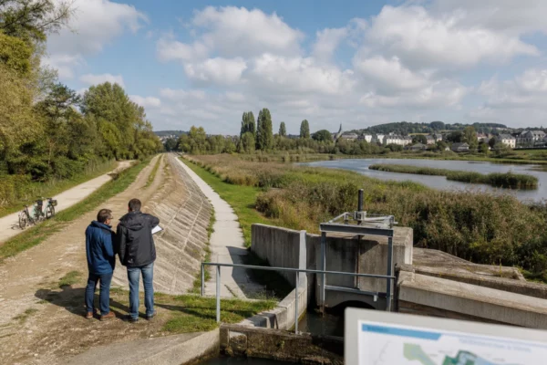 Infrastructure française de protection contre les crues observée par deux techniciens au bord d’une rivière