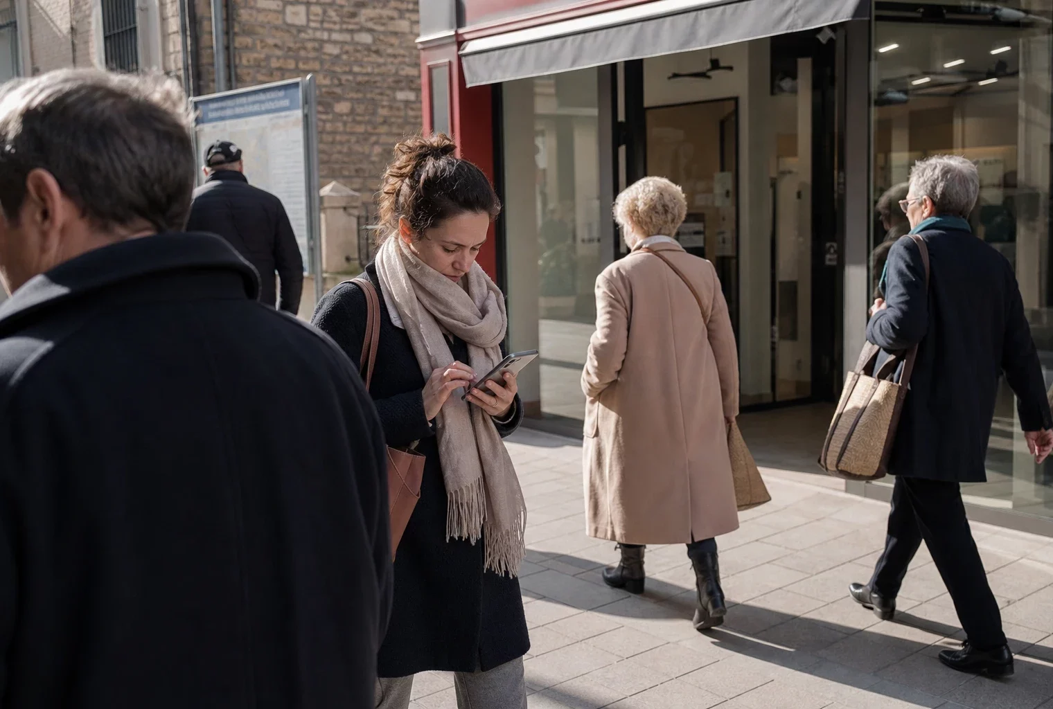 Passants anonymes dans une rue française, dont une personne répond à un sondage sur son smartphone