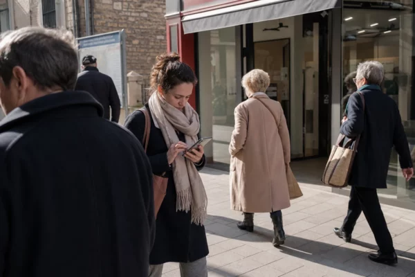 Passants anonymes dans une rue française, dont une personne répond à un sondage sur son smartphone