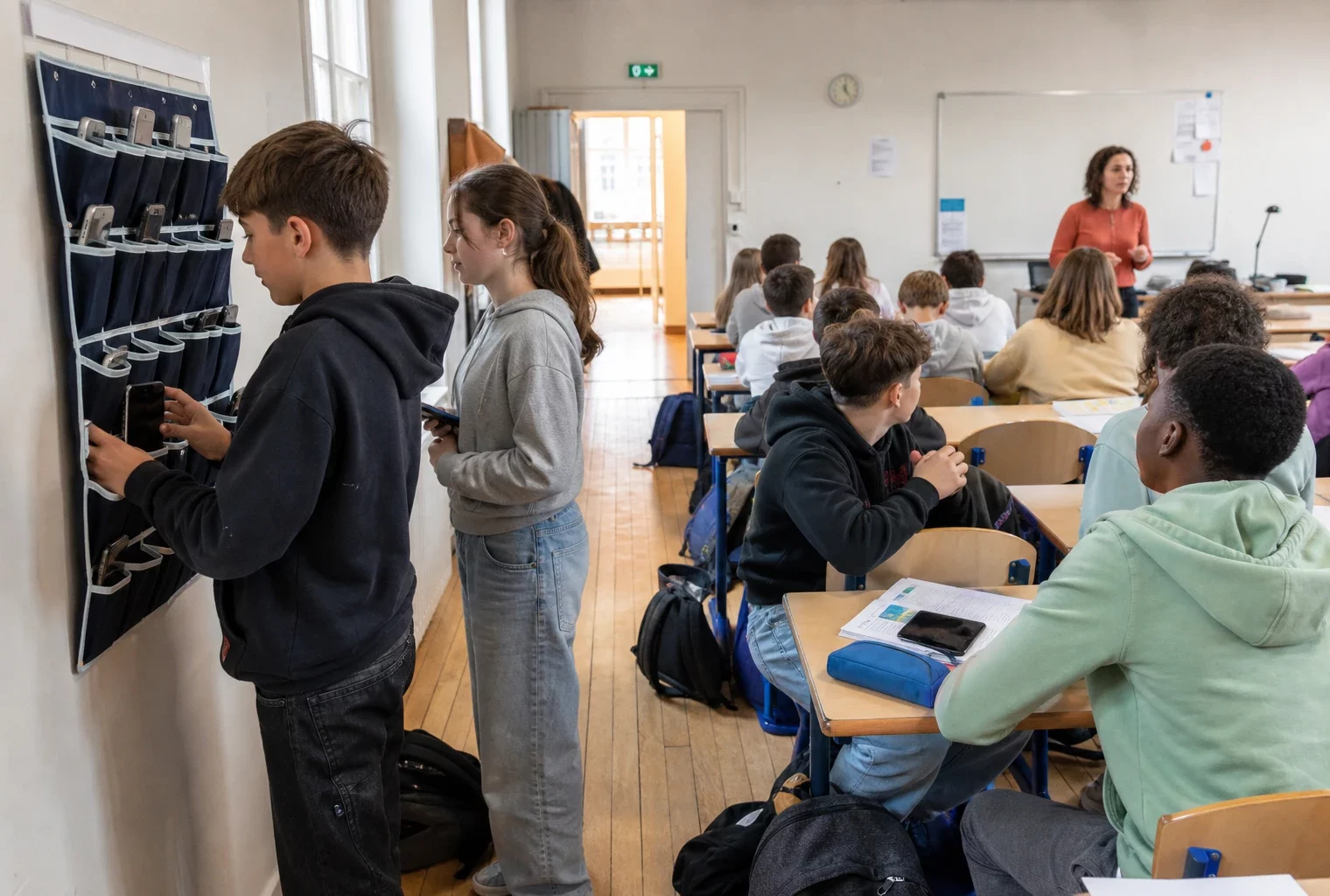 Des lycéens déposent leurs téléphones dans un casier mural, sous le regard d’un enseignant, dans une classe française lumineuse