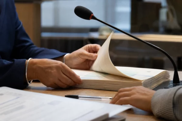 Mains anonymes tenant un dossier lors d’une audition, avec un micro et des documents flous sur une table