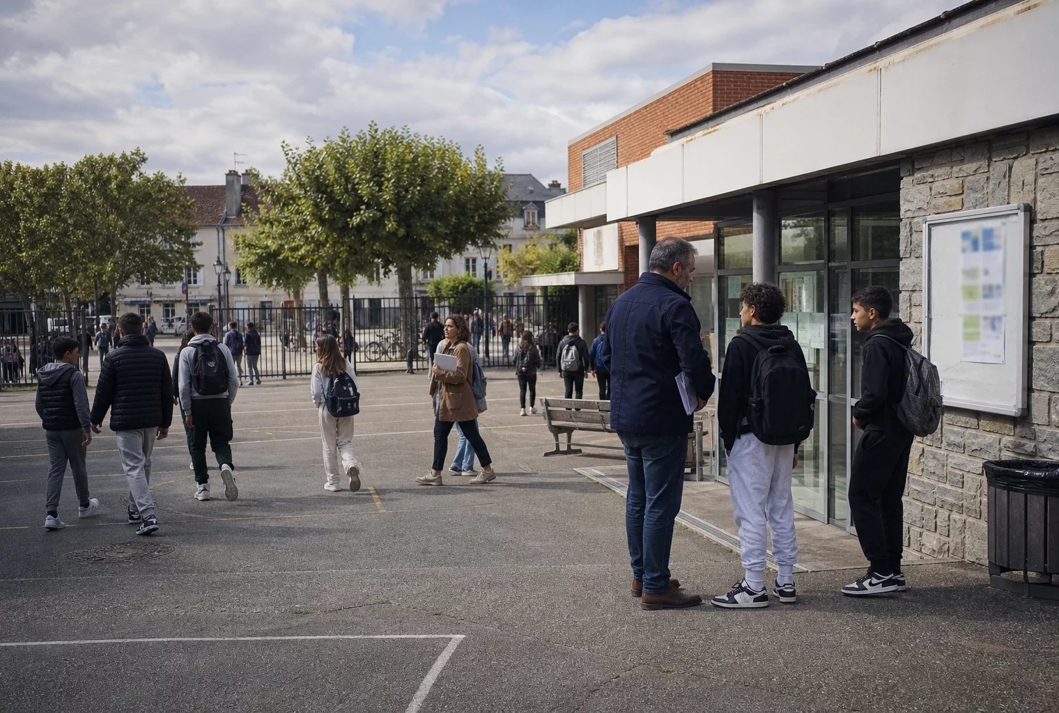 Scène de cour d’école française avec un enseignant échangeant avec des élèves dans un cadre quotidien et apaisé