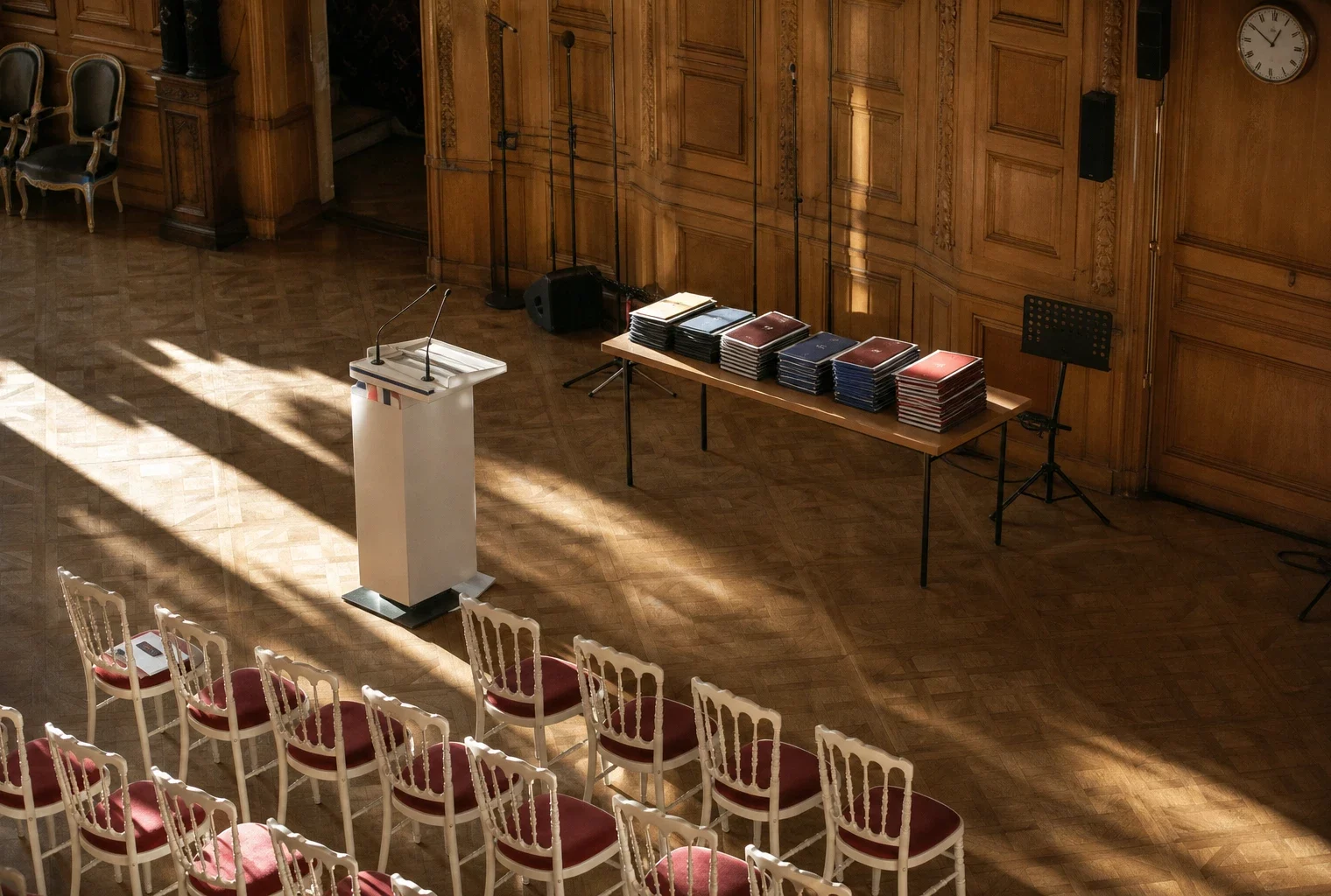 Salle de cérémonie vide avec pupitre, micros et dossiers avant une investiture présidentielle.