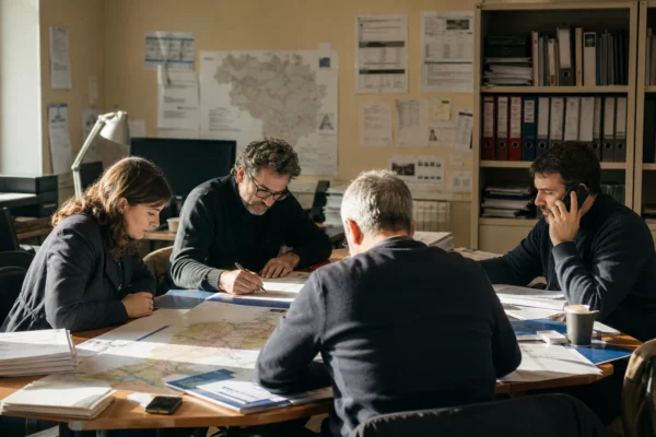 Dans une permanence de parti, des dossiers et des cartes de circonscriptions servent à préparer les investitures législatives.