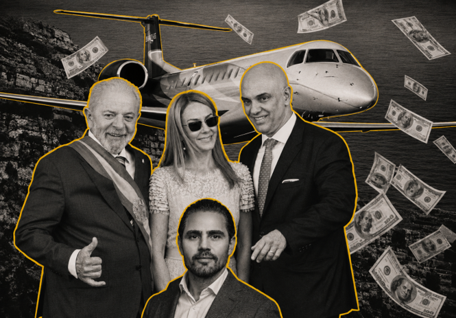 Le président Lula et les époux Moraes. Au premier plan : Daniel Vorcaro, aujourd’hui en prison