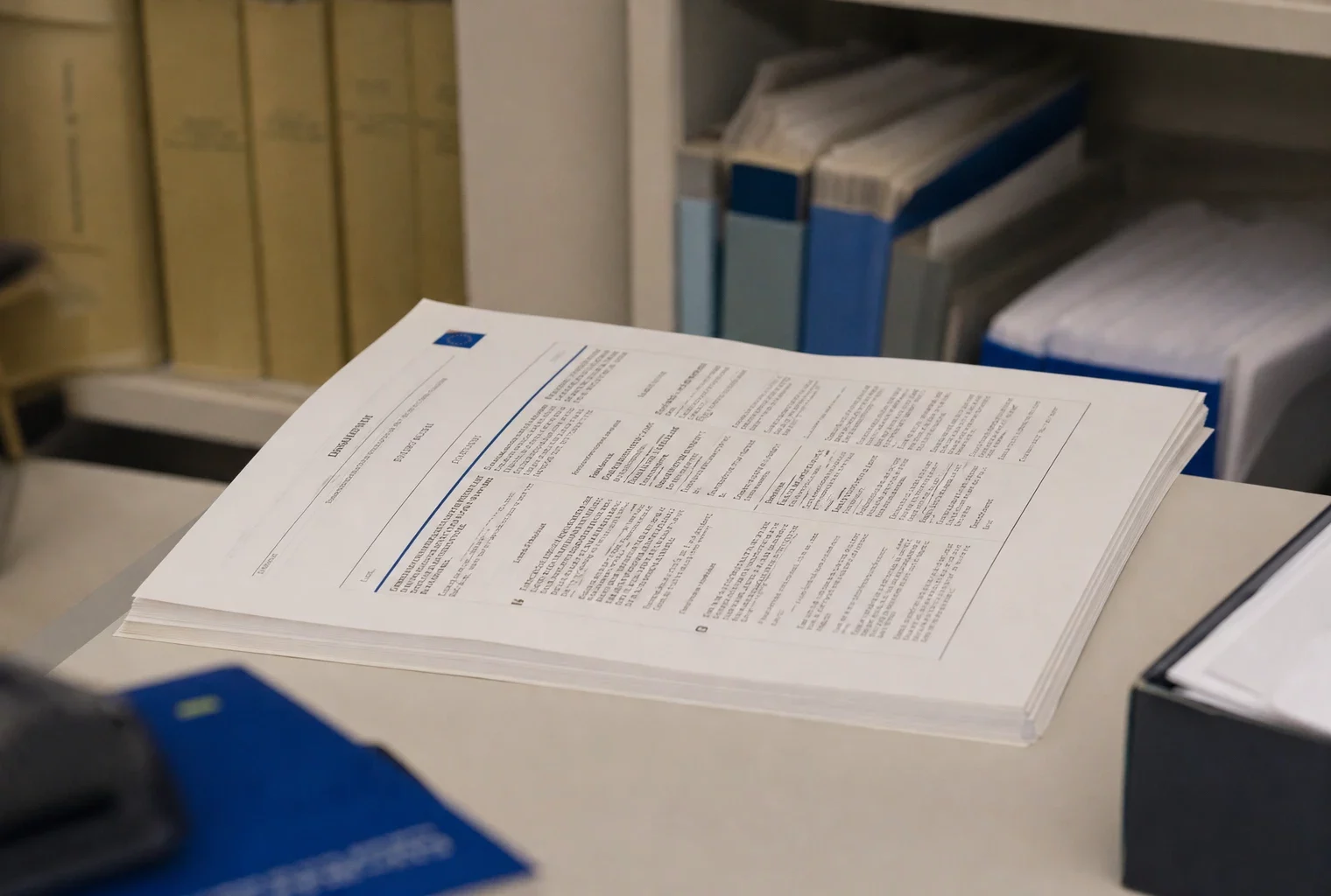 Un exemplaire du Journal officiel de l’Union européenne posé dans un bureau administratif, avec des dossiers en arrière-plan.