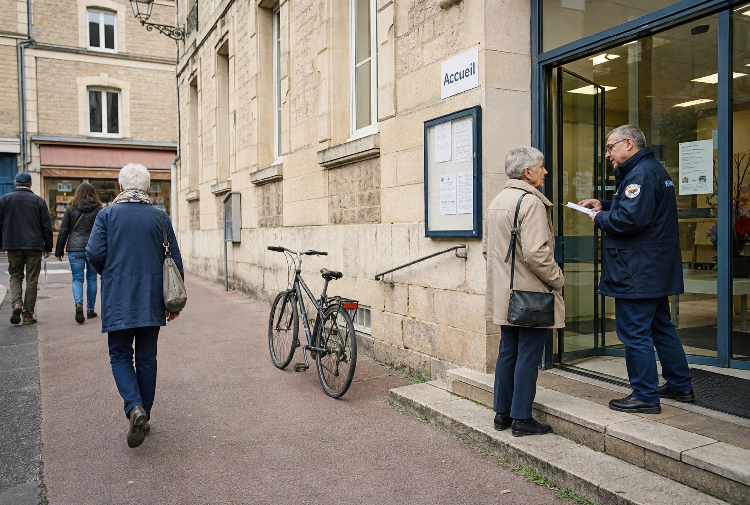 Rue d’une ville moyenne française avec habitants anonymes devant un équipement municipal de proximité