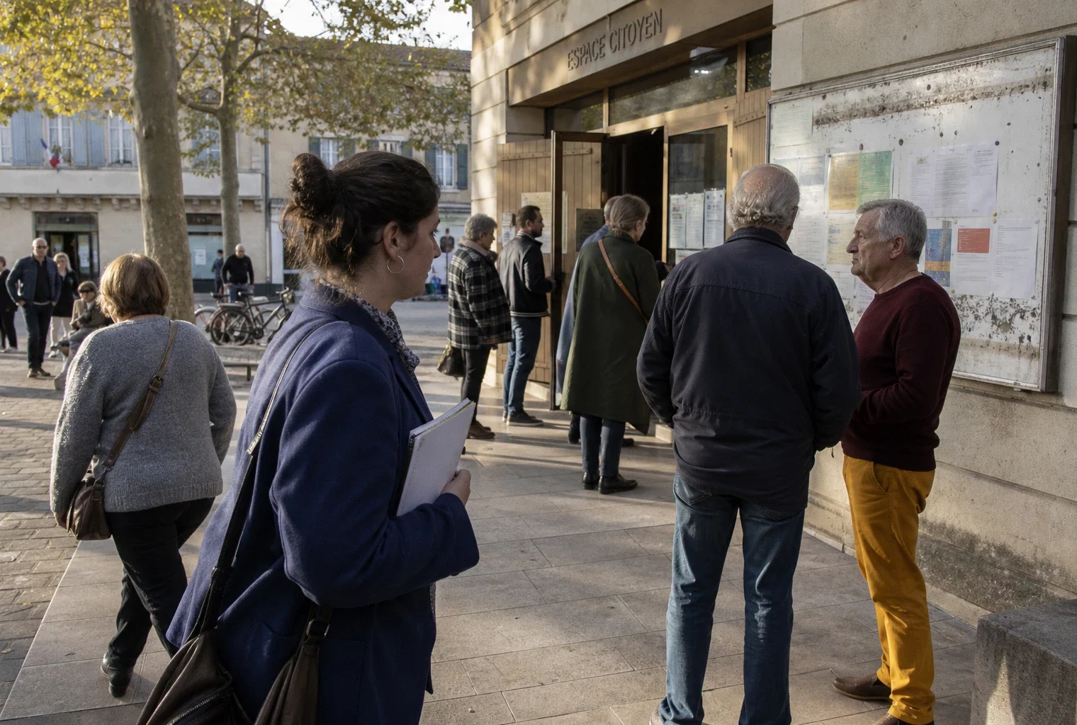 Habitants anonymes devant une mairie française, illustrant les ambitions rivales au sein de Reconquête pour 2027