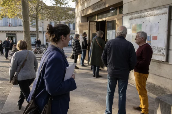Habitants anonymes devant une mairie française, illustrant les ambitions rivales au sein de Reconquête pour 2027