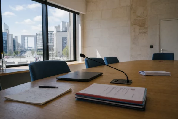 Salle de réunion française préparée pour un débat public, avec dossiers flous et lumière naturelle sur une table en bois.
