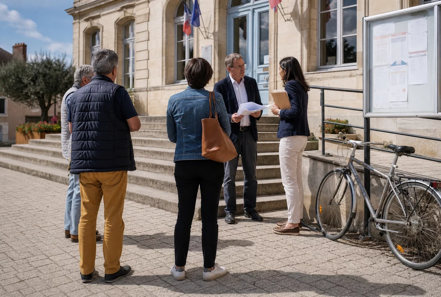 Citoyens anonymes échangeant devant une mairie française sur les enjeux d’une campagne présidentielle